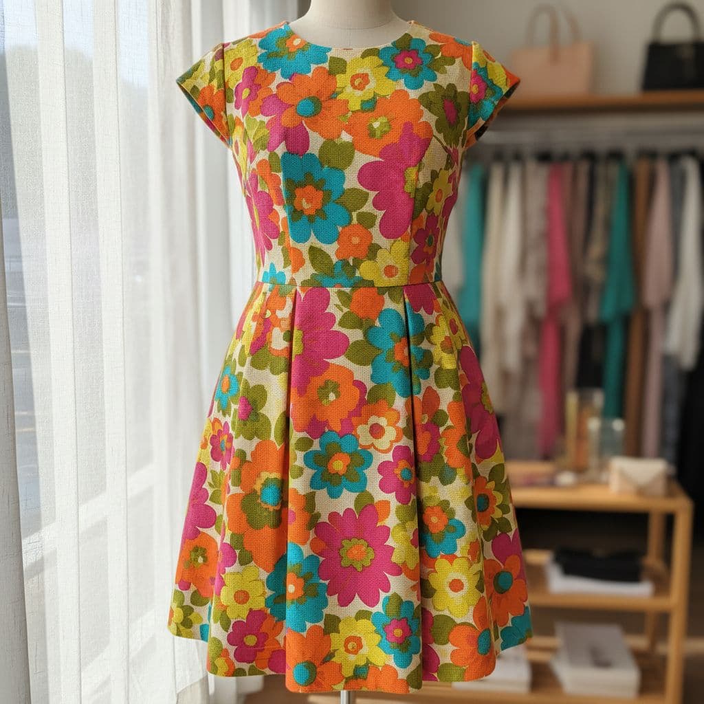 Close-up of a retro 1960s floral print day dress in bright colors on recycled cotton