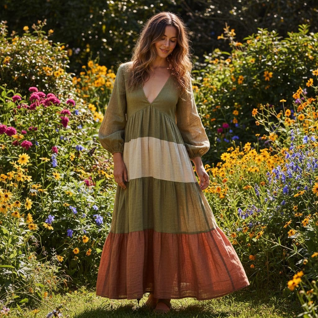 Woman in a flowy 1970s bohemian organic linen maxi dress standing in a sunny garden