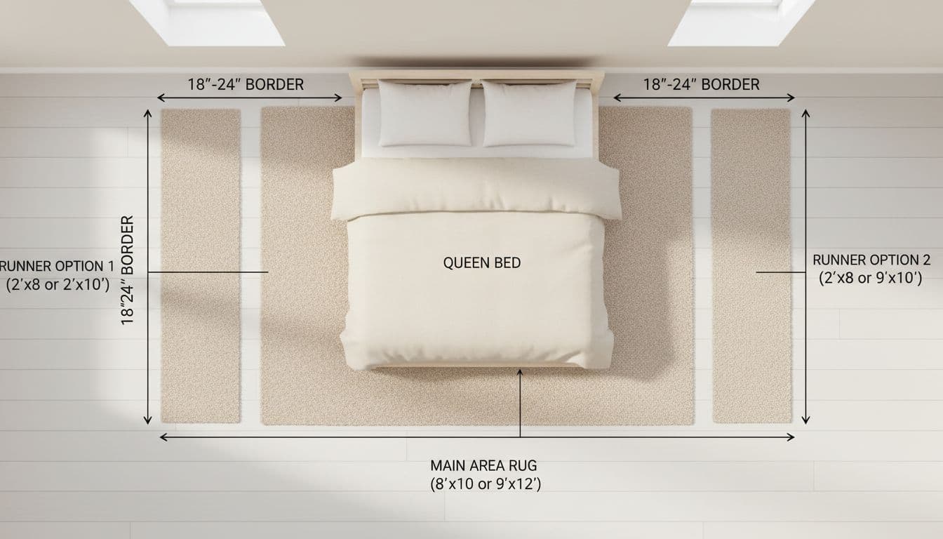 Rug Size Guide. Minimalist top-down infographic diagram illustrating proper rug sizing and placement for a queen bed in a bedroom, showing 2/3 under bed with 18-24 inch side borders and runner options.
