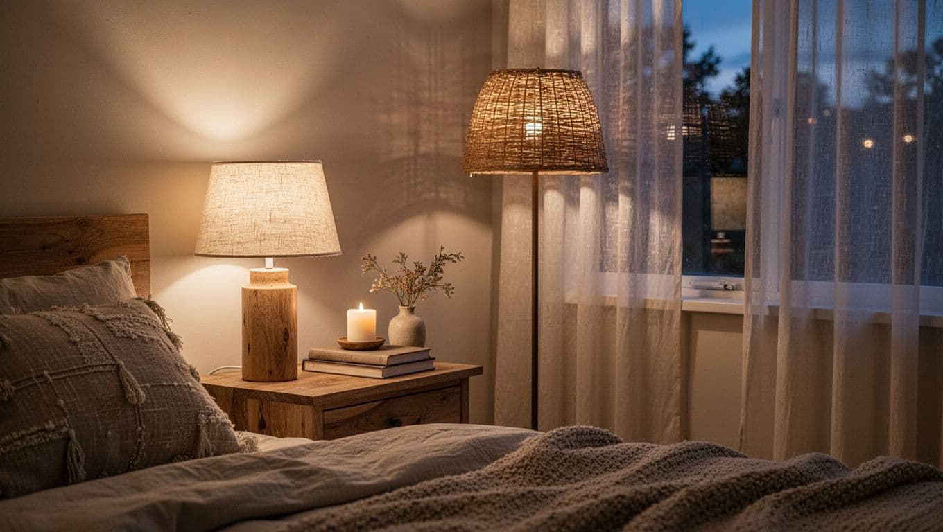 Photorealistic landscape of a hygge bedroom corner featuring wooden bedside table with linen-shade lamp casting warm glow, rattan floor lamp, nightstand with books candle vase, neutral textured bedding, sheer-curtained window in dim twilight, organic natural materials, cozy mood with gentle light diffusion and balanced shadows, no people.