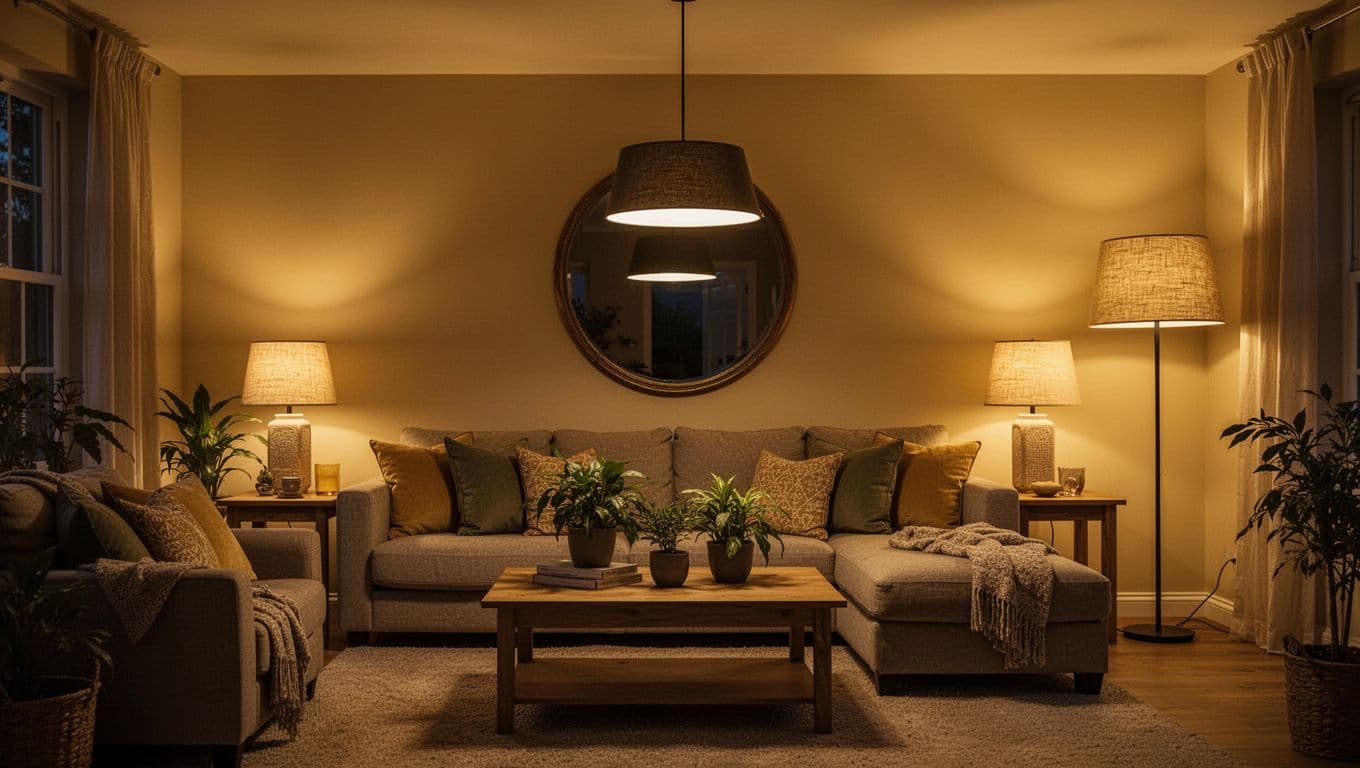 Hygge Lighting Ideas. Photorealistic landscape of an empty living room featuring layered hygge lighting from pendant fixture, table lamps, and floor lamp in warm golden tones, with comfortable sectional sofa, cushions, plants, coffee table, and mirror for inviting evening ambiance and depth.