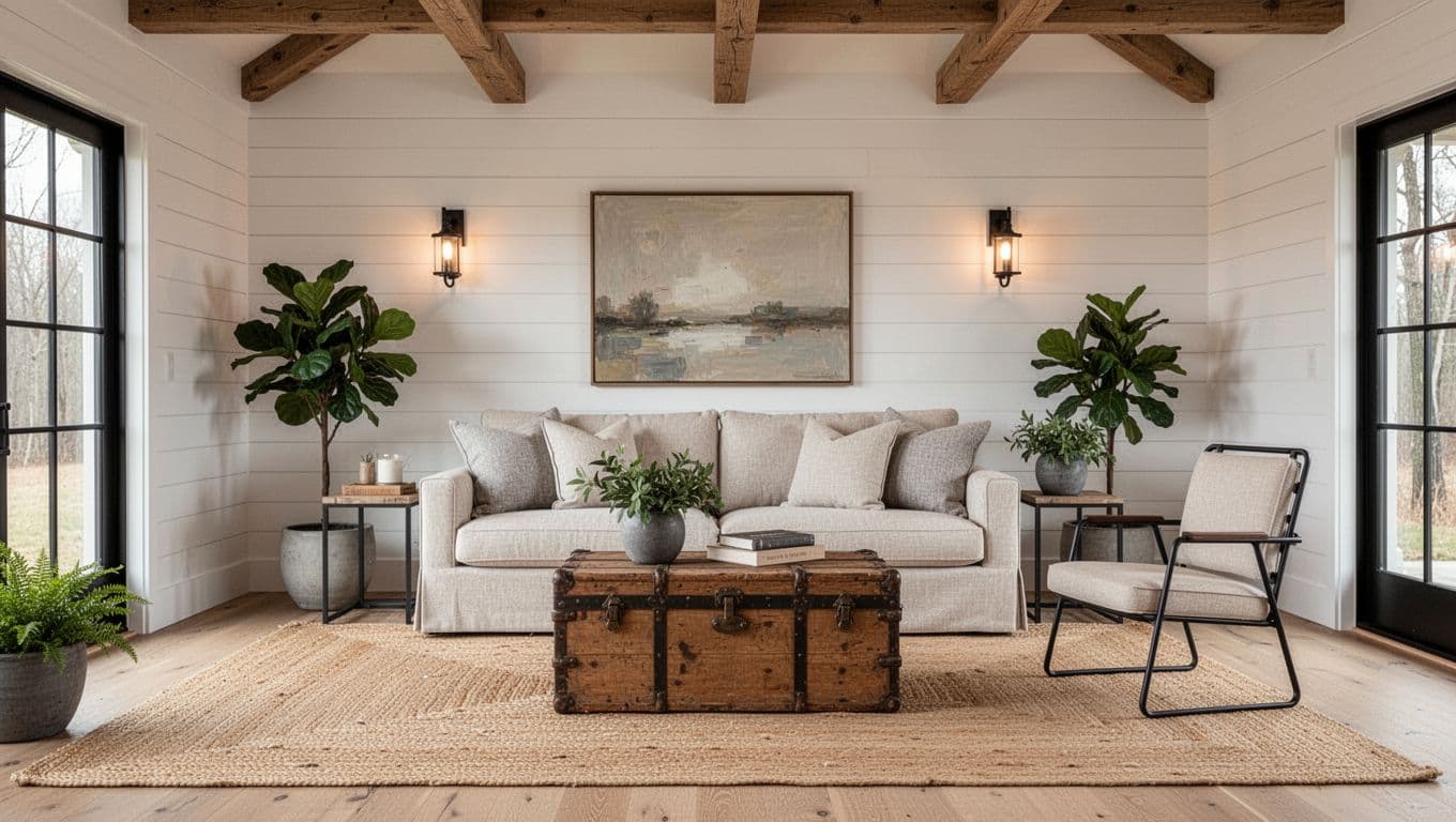 Photorealistic landscape image of a modern farmhouse living room with white shiplap walls, beige linen sofa, black metal accents, wooden beam ceiling, large jute rug, potted greenery, and vintage wooden trunk coffee table. Warm sconce lighting creates a cozy, relaxed vibe with exactly one empty chair, no people, emphasizing textures and layers.