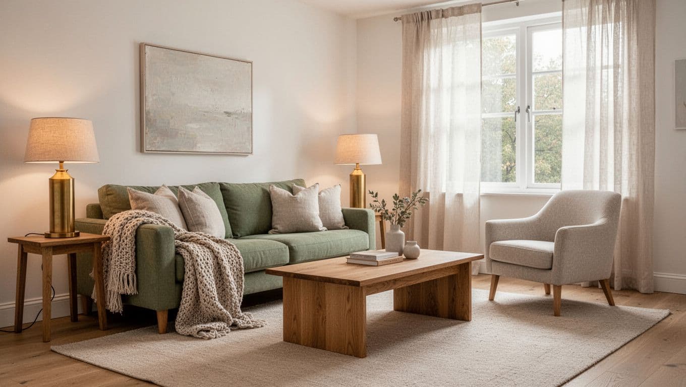 Photorealistic landscape of a cozy living room with warm white walls, sage green linen sofa, brass lamp, oak coffee table, neutral rug, knit throw, and sheer curtains filtering soft natural light. Empty armchair, layered textures, inviting mood, no people or extra elements.
