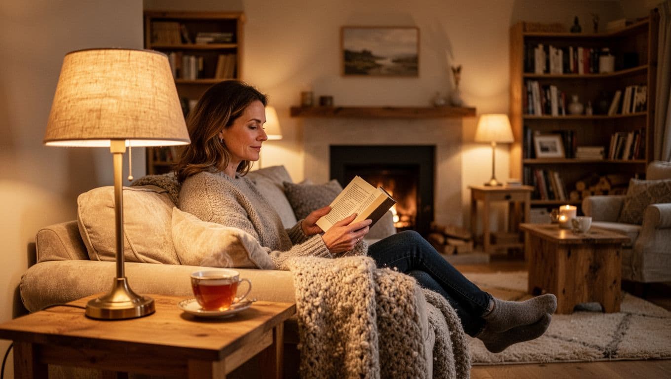 Photorealistic landscape of a relaxed 30s woman sitting on a plush sofa in a cozy living room, reading a book by soft evening light from table lamps with a tea cup nearby. Warm golden glow highlights neutral walls, wooden furniture, wool blankets, bookshelves, and a blurred fireplace, evoking an inviting hygge atmosphere.