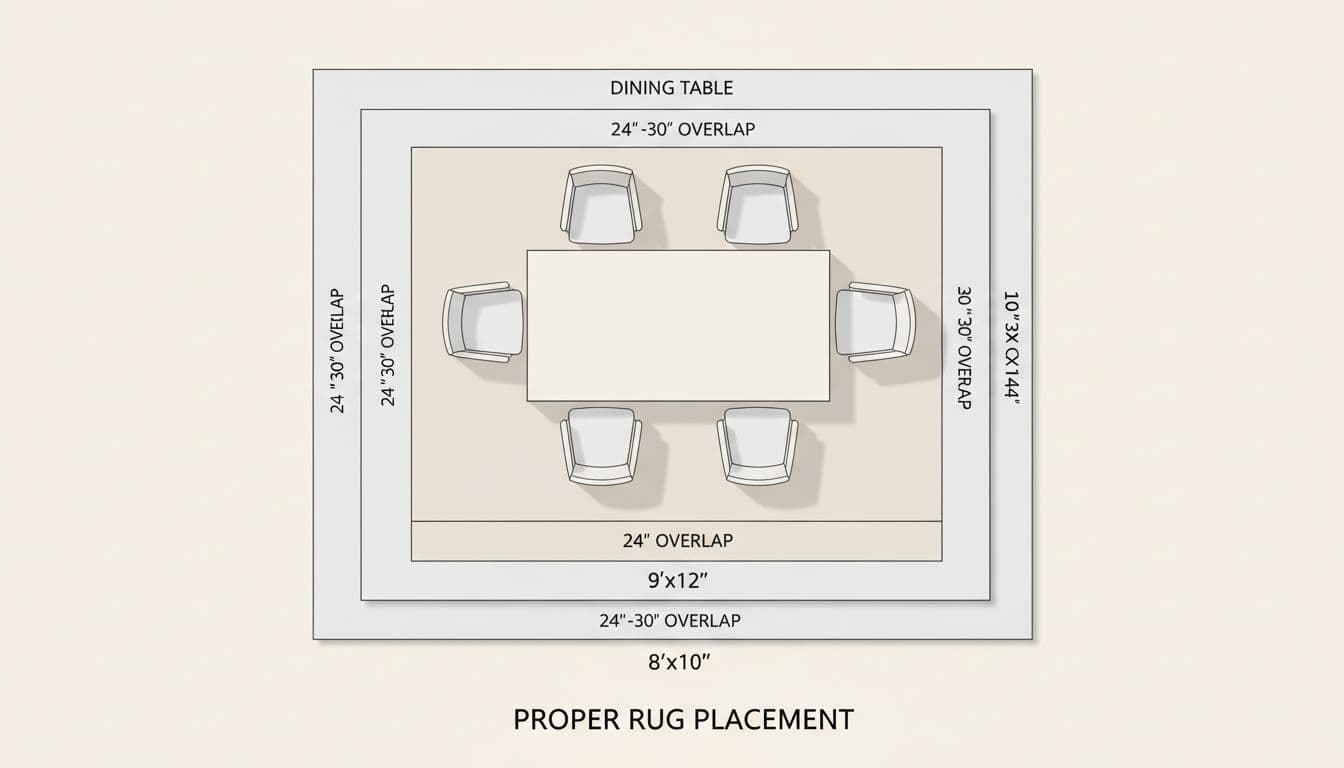 Clean, modern minimalist infographic with top-down views showing proper rug sizes and placement for dining rooms, extending 24-30 inches beyond table edges.