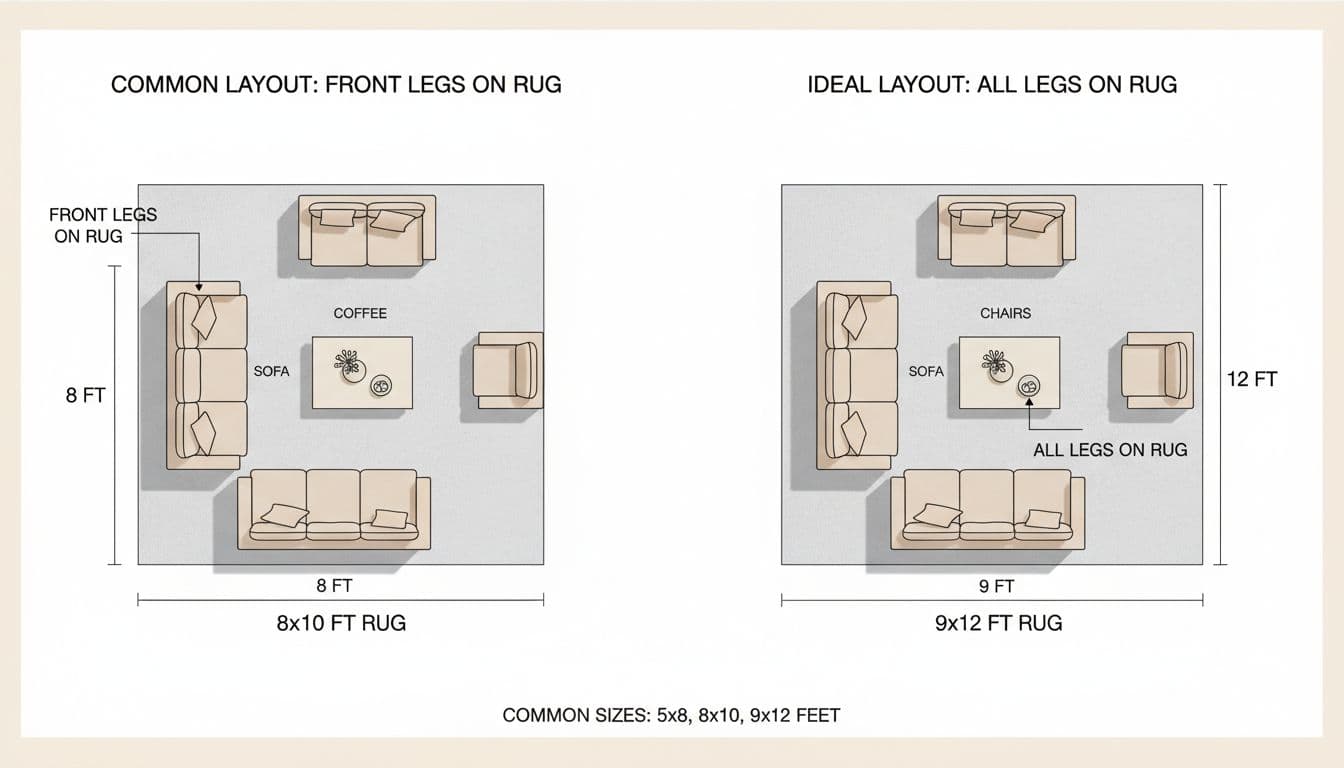 Clean, modern educational diagram illustrating proper rug sizes and placement in a living room with top-down floor plan views.