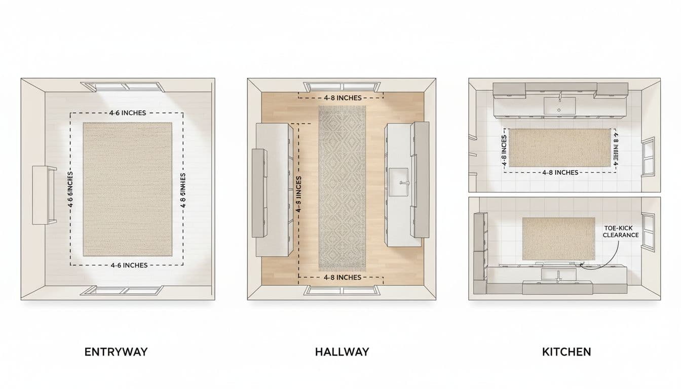 Clean, modern educational diagram illustrating proper rug sizing and placement in entryway, hallway, and kitchen areas using minimalist top-down floor plan views with measurements.