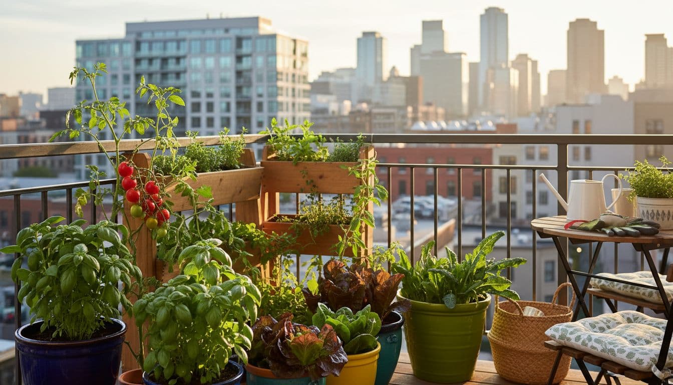 Photorealistic landscape image of a sunny apartment balcony overflowing with healthy potted edible plants like basil, cherry tomatoes, and salad greens, with city skyline in soft morning light.