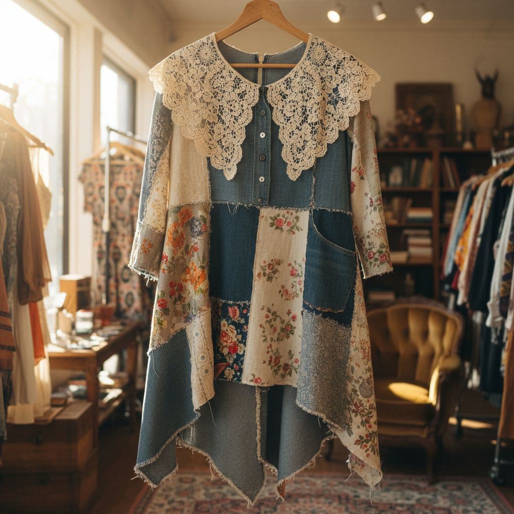 Upcycled vintage patchwork dress with lace collar hanging in a cozy thrift shop