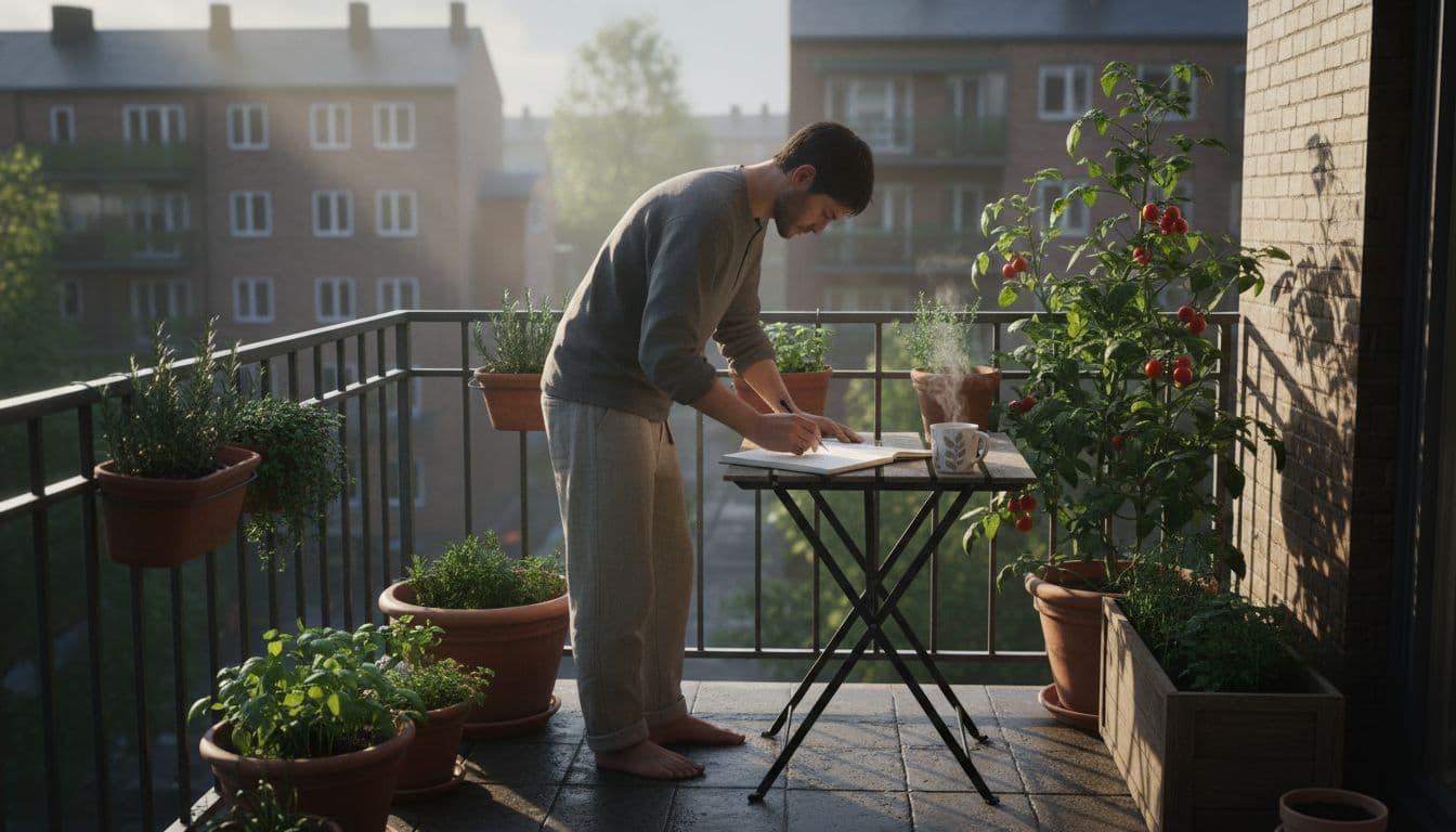 Photorealistic landscape image of a person on a small city balcony using a notebook to map sunlight patterns, with shadows and sunbeams on potted tomatoes and herbs in hanging and floor pots, relaxed morning scene with coffee mug. edible potted garden