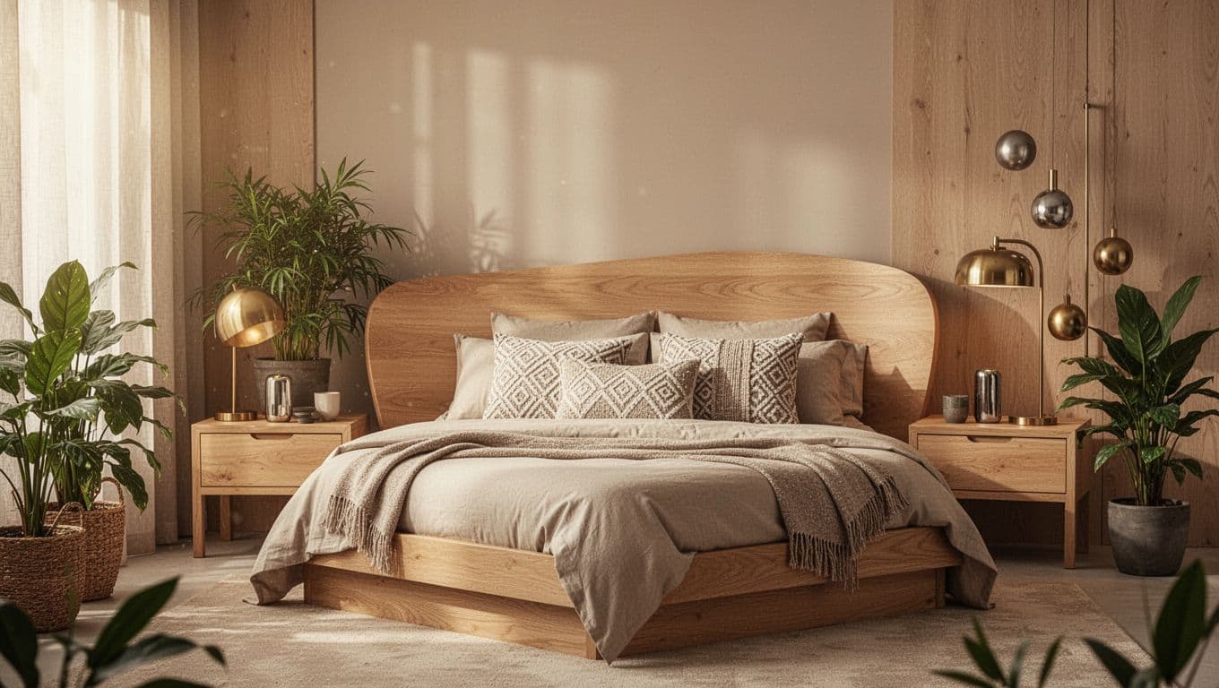Photorealistic landscape of a serene bedroom featuring 2026 warm wood modern decor trends with light oak furniture, curved headboard, beige linens, potted plants, and mixed metals. Soft morning light through sheer curtains illuminates earthy textures and biophilic elements in an empty, calm space.