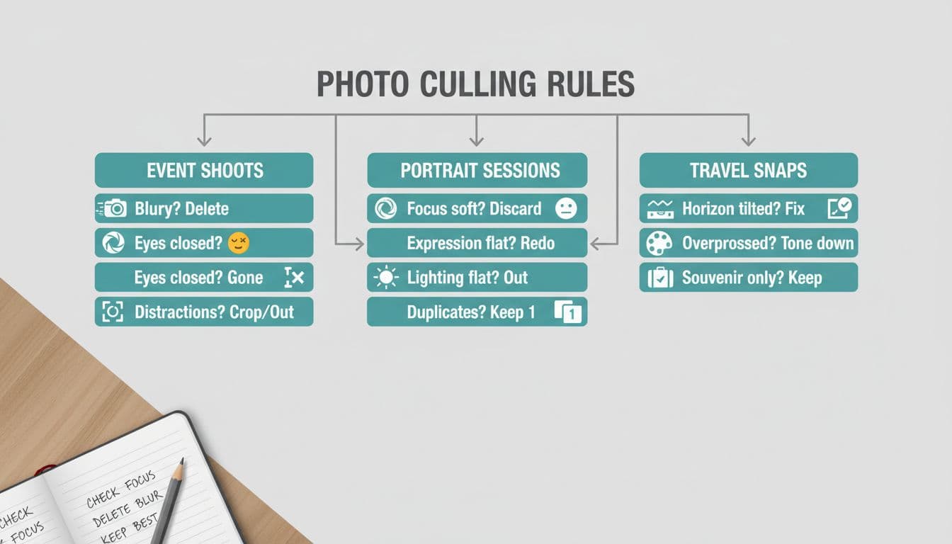 Clean, modern infographic-style illustration of sample photo culling rules as a flowchart for event shoots, portrait sessions, and travel snaps, with icons and bullet points like 'Blurry? Delete.'