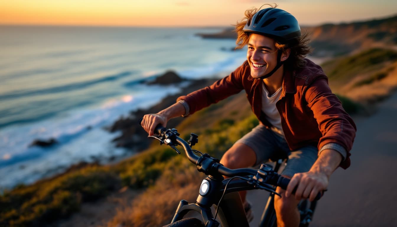 Teenager Electric Bike Guide 2026 (Top Picks and Safety) 7 Teen rider cruising a coastal path on an e-bike at sunset