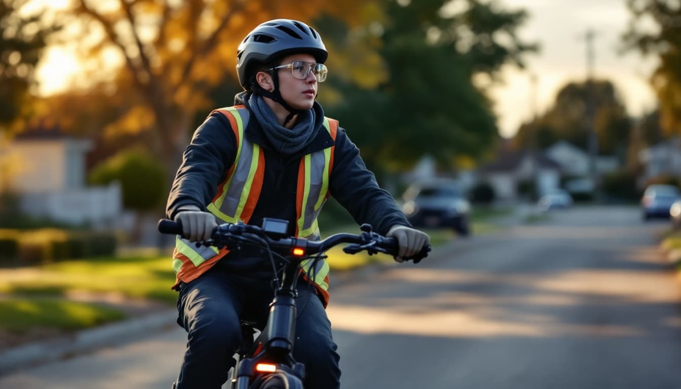 Teenager Electric Bike Guide 2026 (Top Picks and Safety) 6 Teen riding an e-bike at dawn with helmet, reflective vest, and lights on