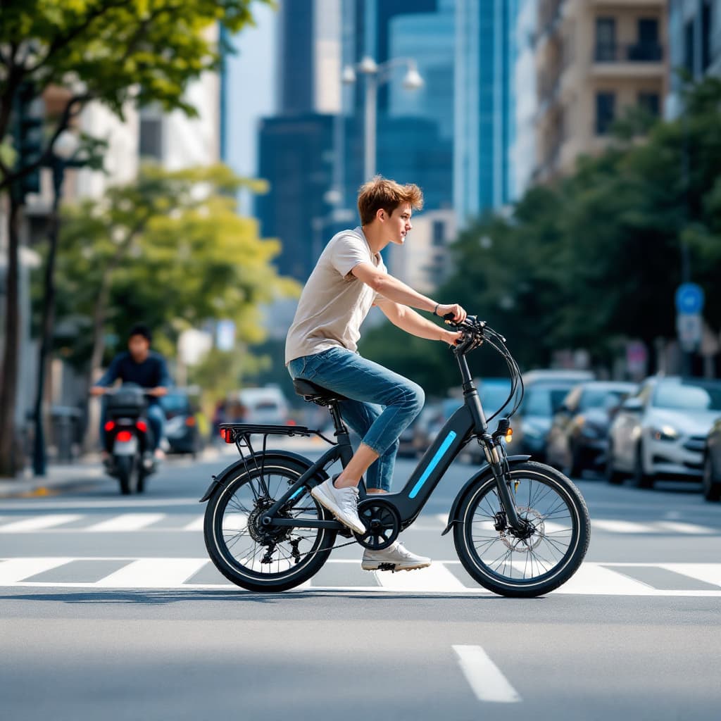 Teenager Electric Bike Guide 2026 (Top Picks and Safety) 1 Teen rider on a compact folding e-bike in city traffic