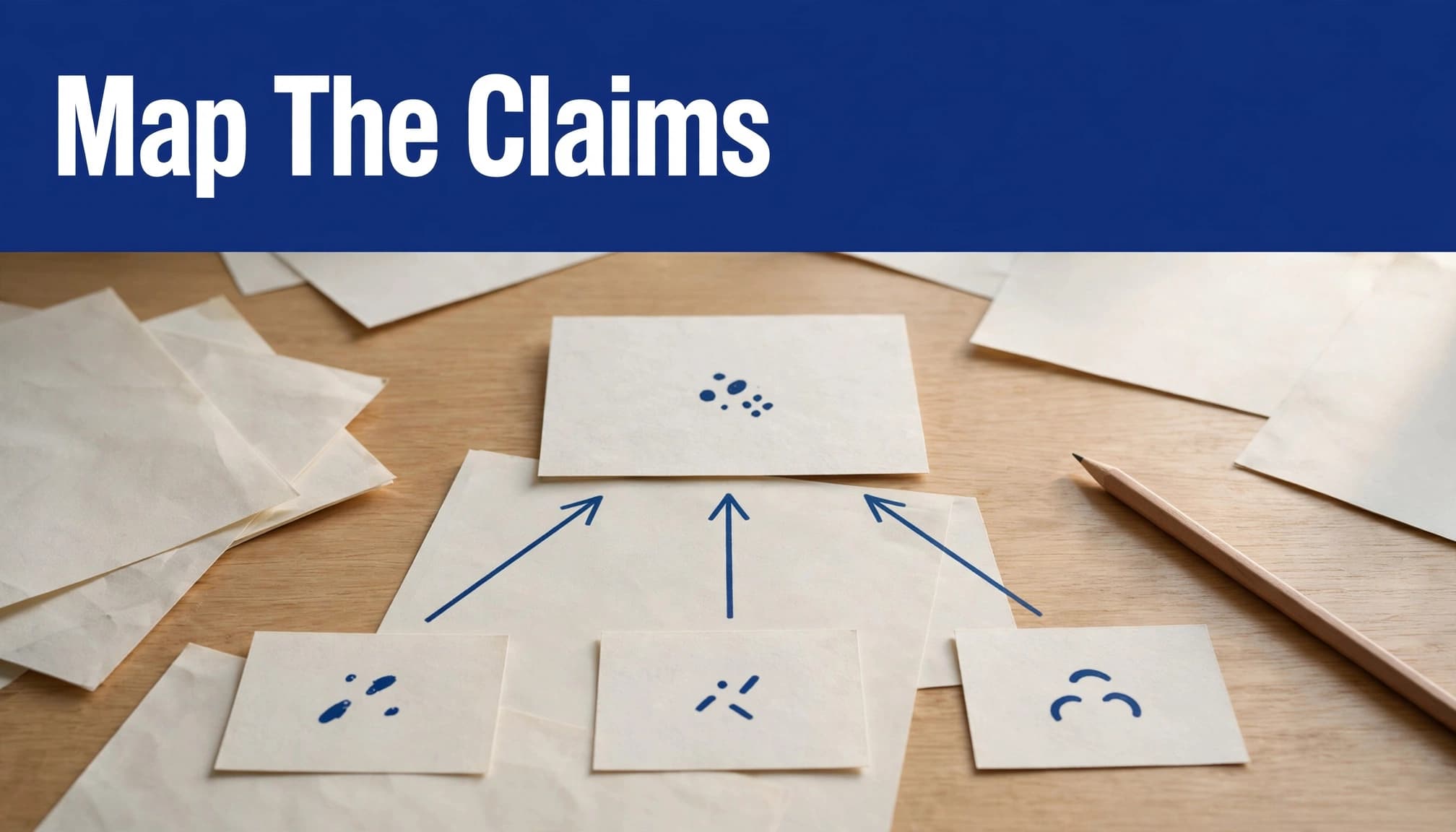 An argument map diagram on paper with the headline Map The Claims at the top.
