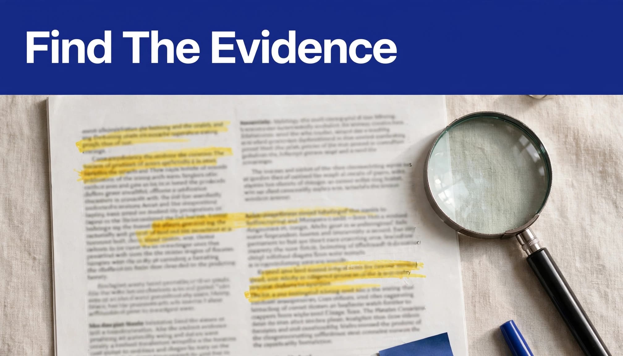 A highlighted journal article and magnifying glass on a research table beneath an indigo headline strip.