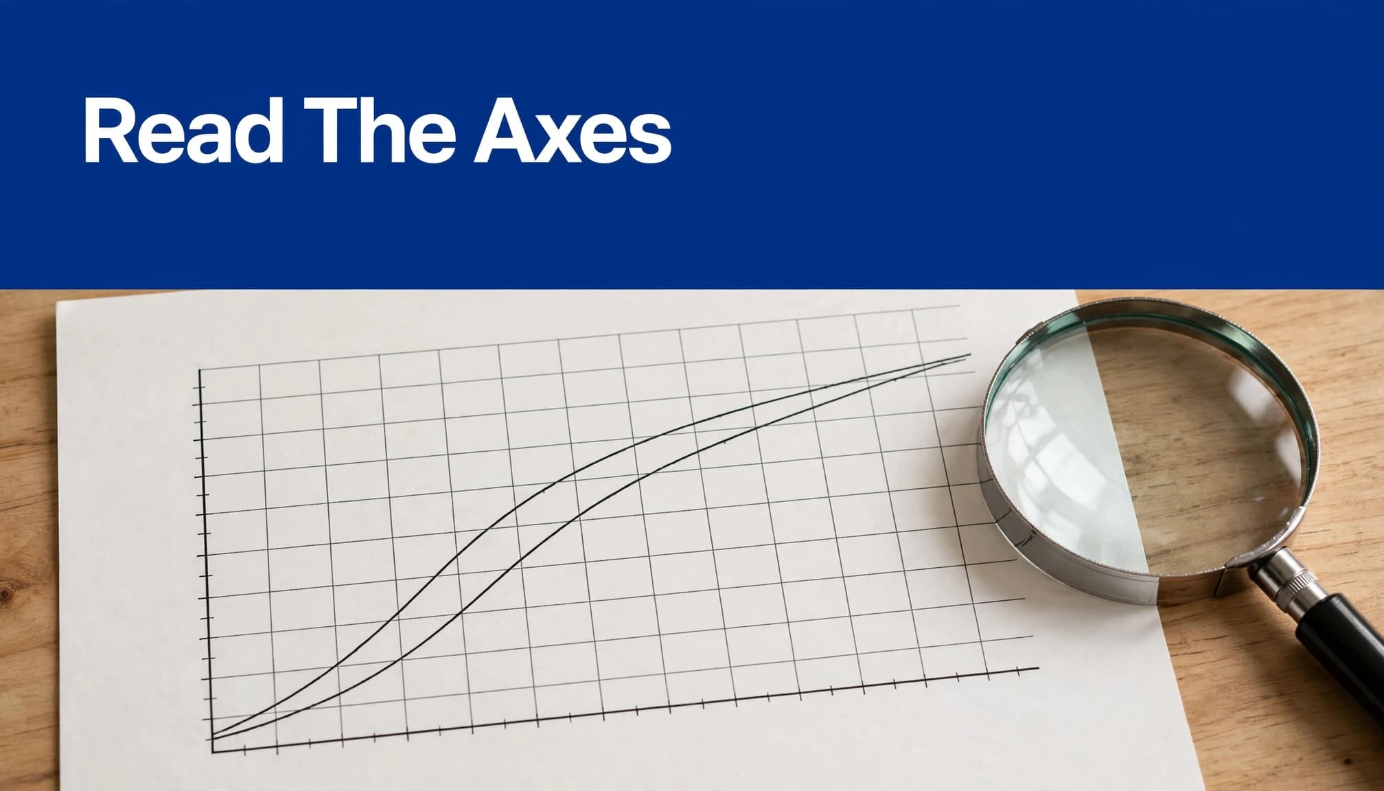 A magnifying glass rests beside a printed line-chart figure on a library table.