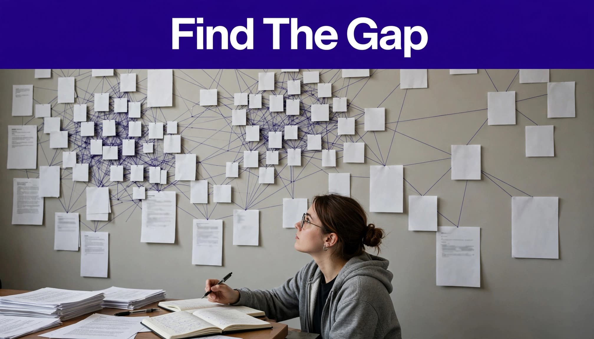 A researcher examines connected papers on a library wall beside a notebook and printed articles.