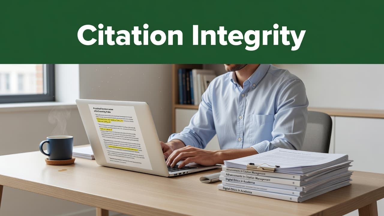 A wooden desk features a laptop displaying cited text alongside organized research papers and a coffee mug. A dark green header bar prominently displays white text regarding integrity in academic work.