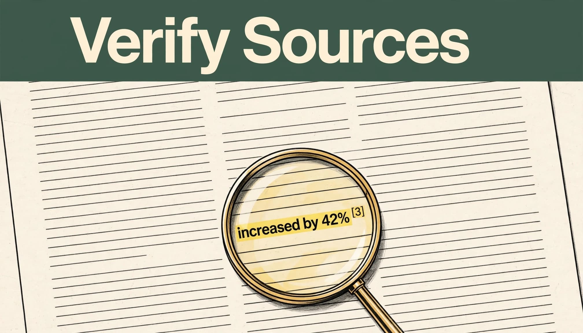 A magnifying glass highlights a passage and citation on a journal article beneath a green headline.