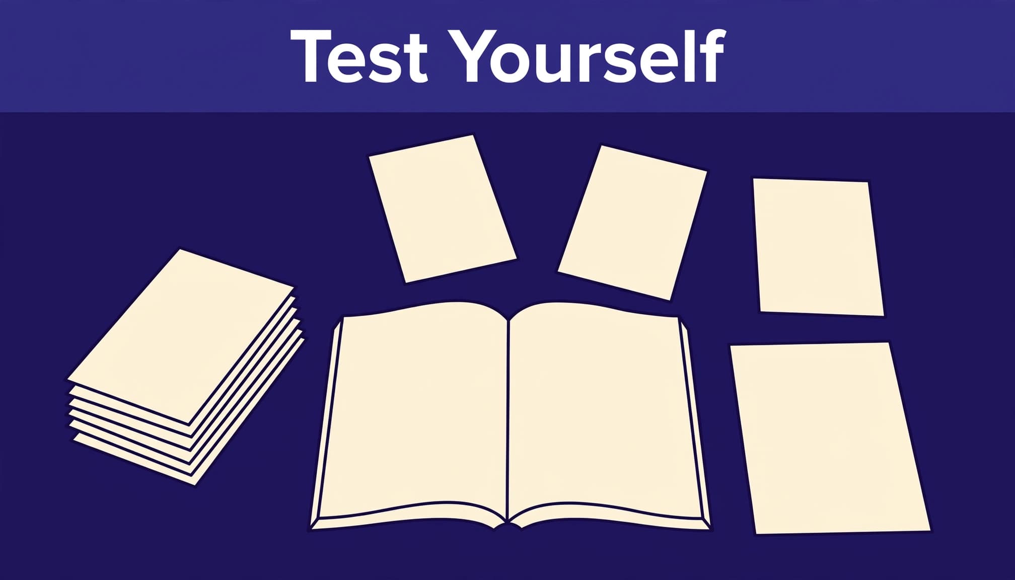 Flashcards and an answer sheet surround an open textbook on an indigo surface.