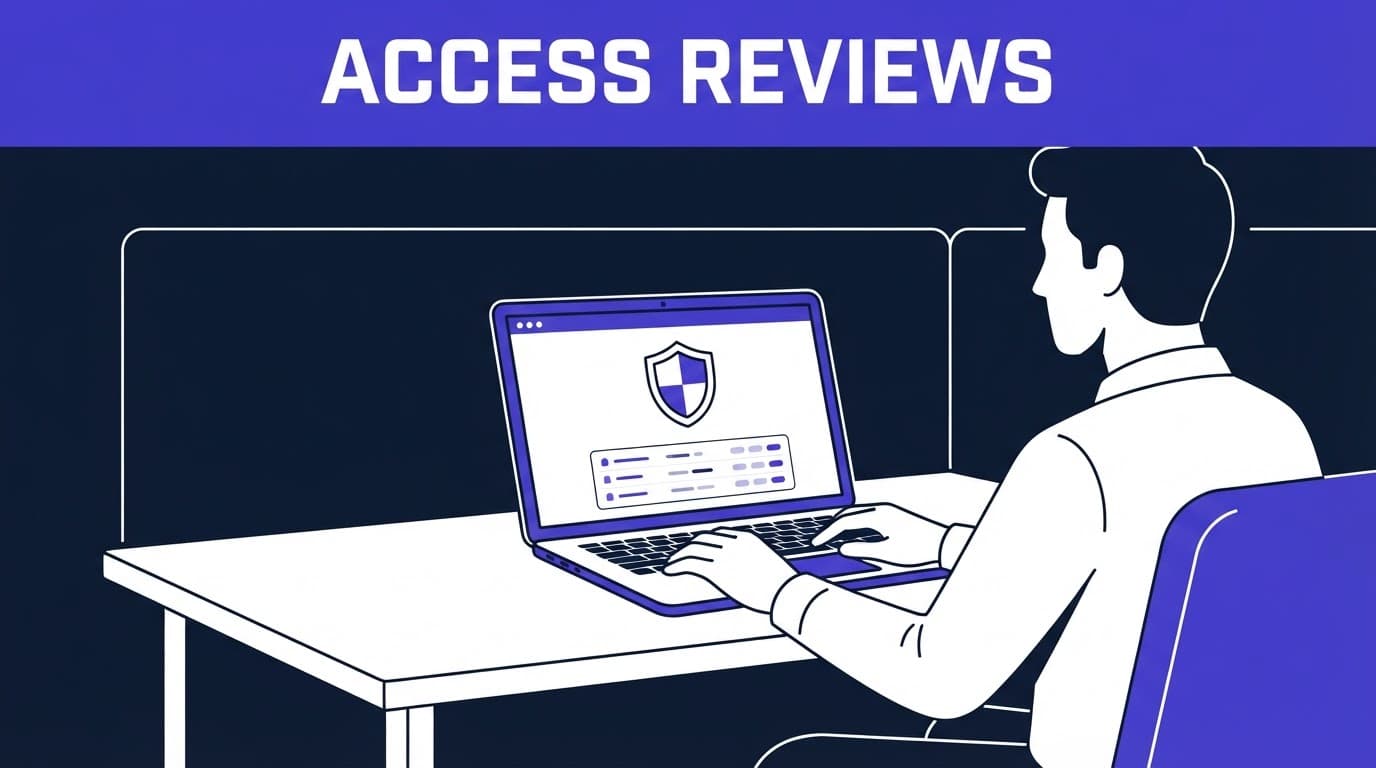 A security administrator reviews a laptop beside a shield icon and audit rows.
