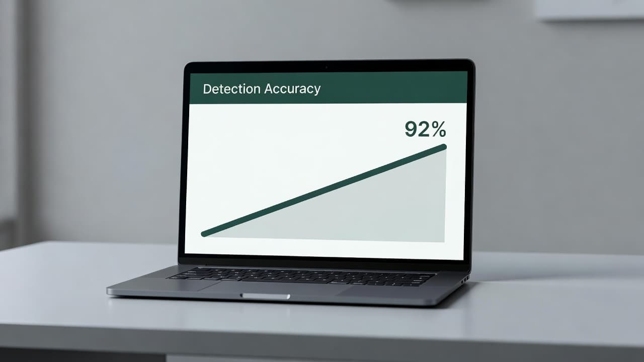 A close-up view of a minimalist desk displaying a software interface on a laptop. A dark-green header reads Detection Accuracy above a simple percentage graph showing performance metrics in soft lighting.