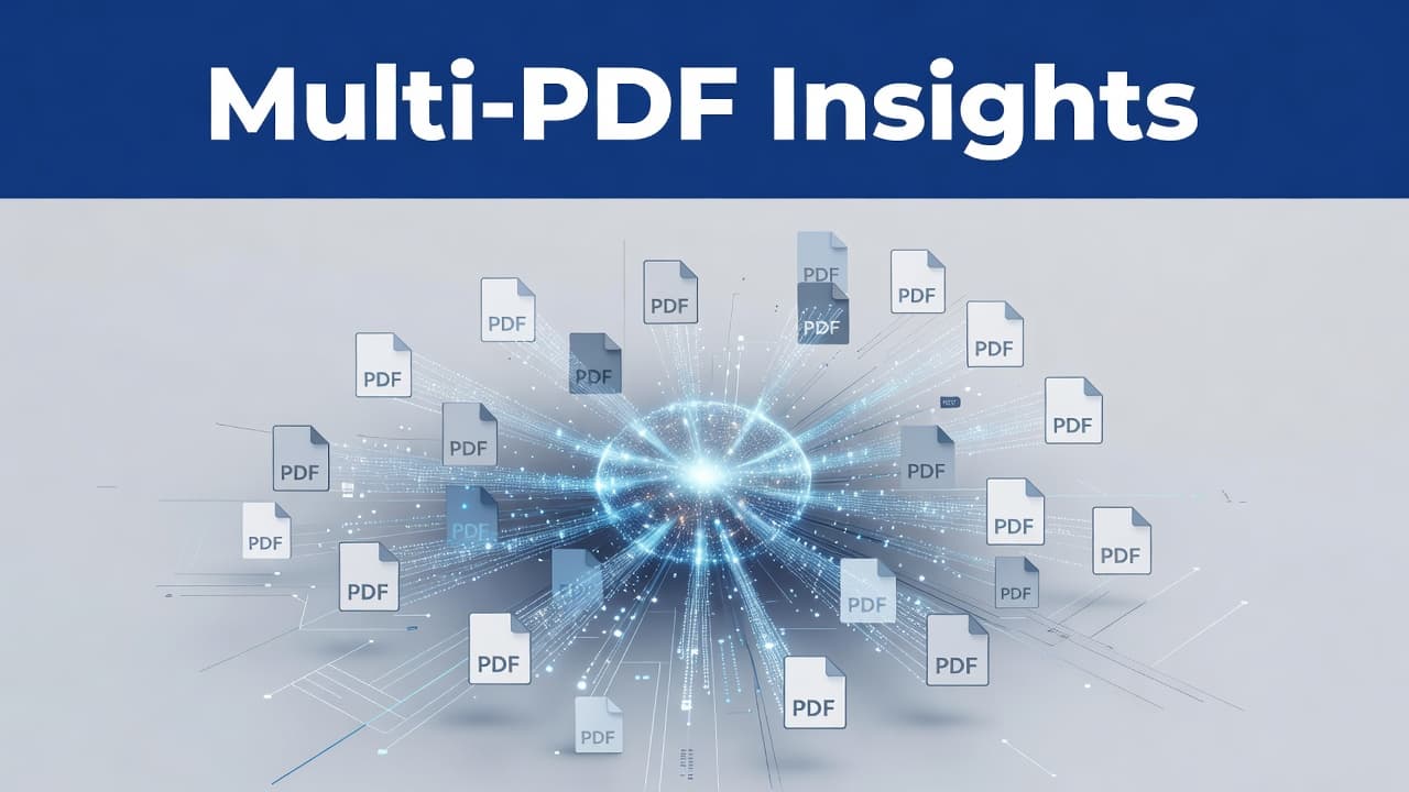 An indigo header labeled Multi-PDF Insights sits above icons of documents being processed by a glowing interface.