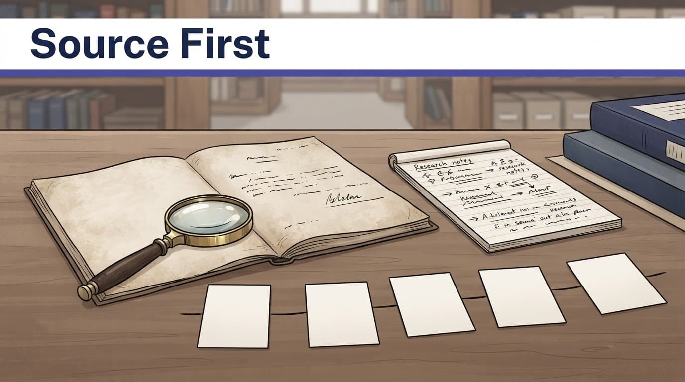 An archival document, magnifying glass, notes, and blank timeline cards on a library table.