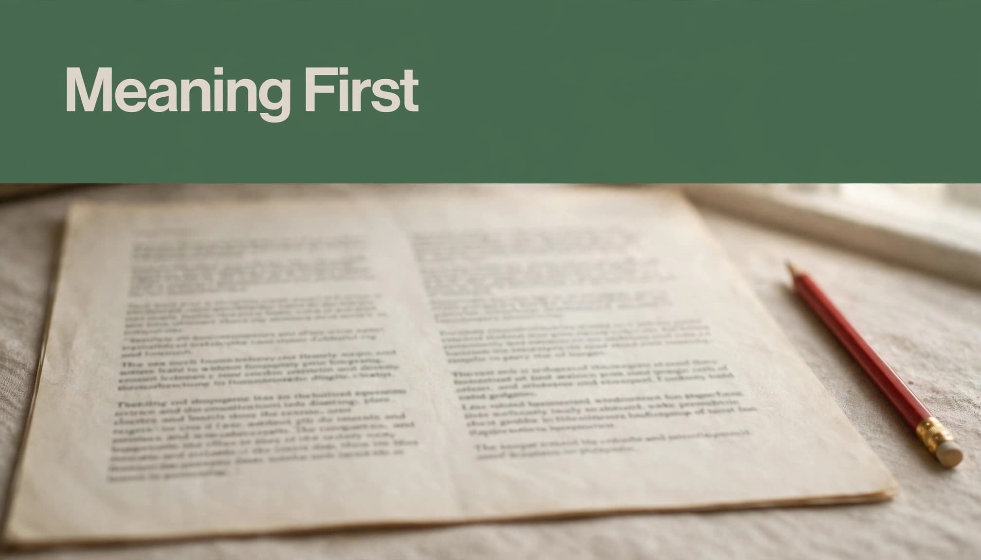 A bilingual document and red pencil beneath a dark green headline strip.