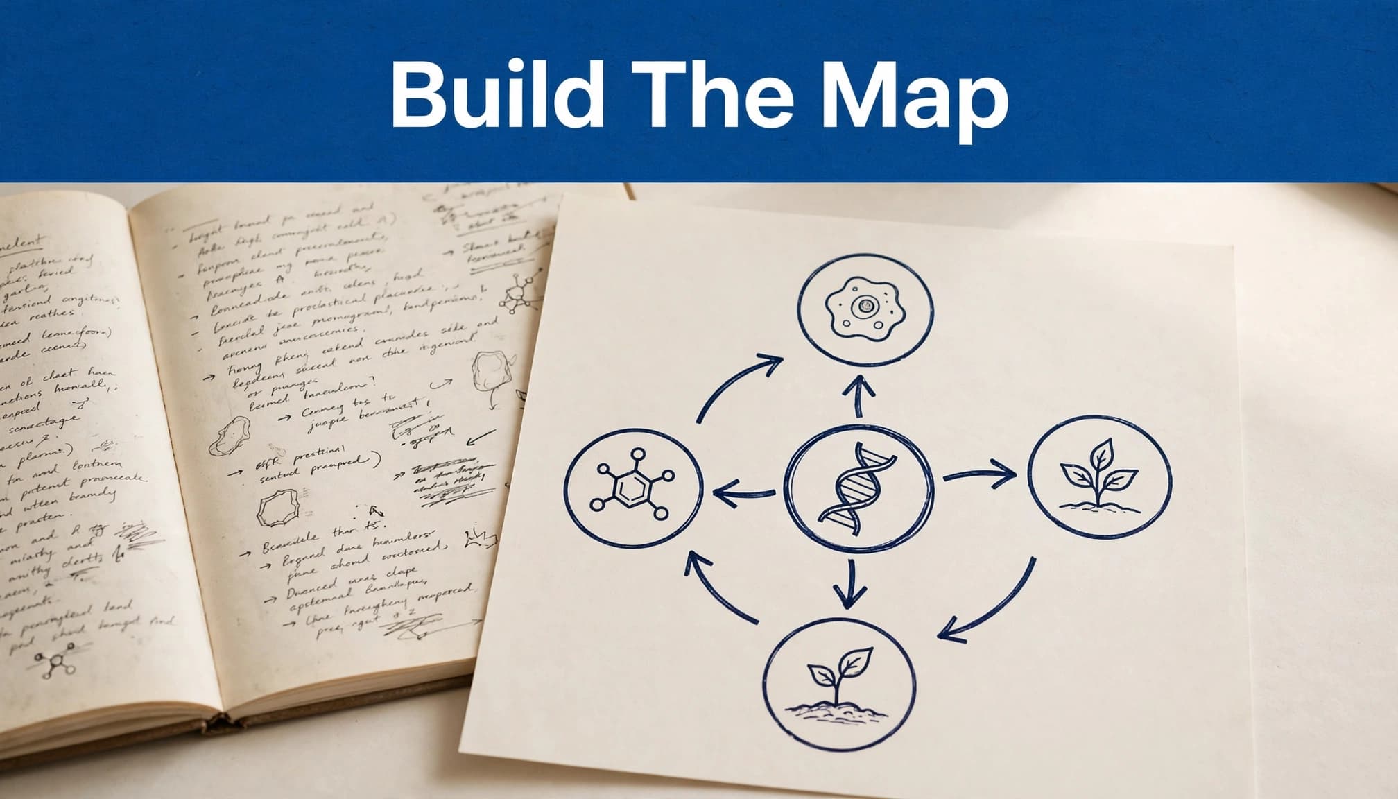 A biology concept map links handwritten notes to a few related ideas beneath a blue banner.
