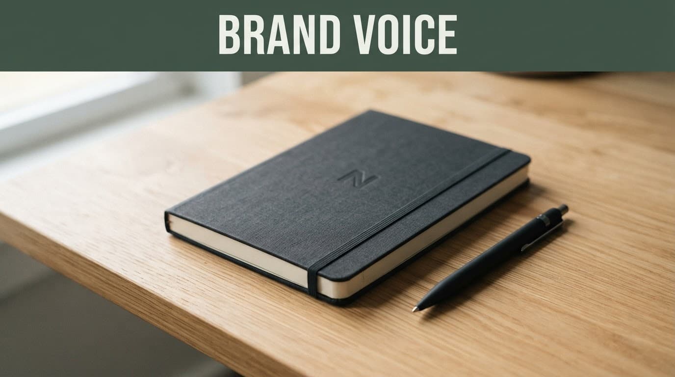 A notebook and pen on a wooden desk beneath soft light, with a dark-green Brand Voice banner above.