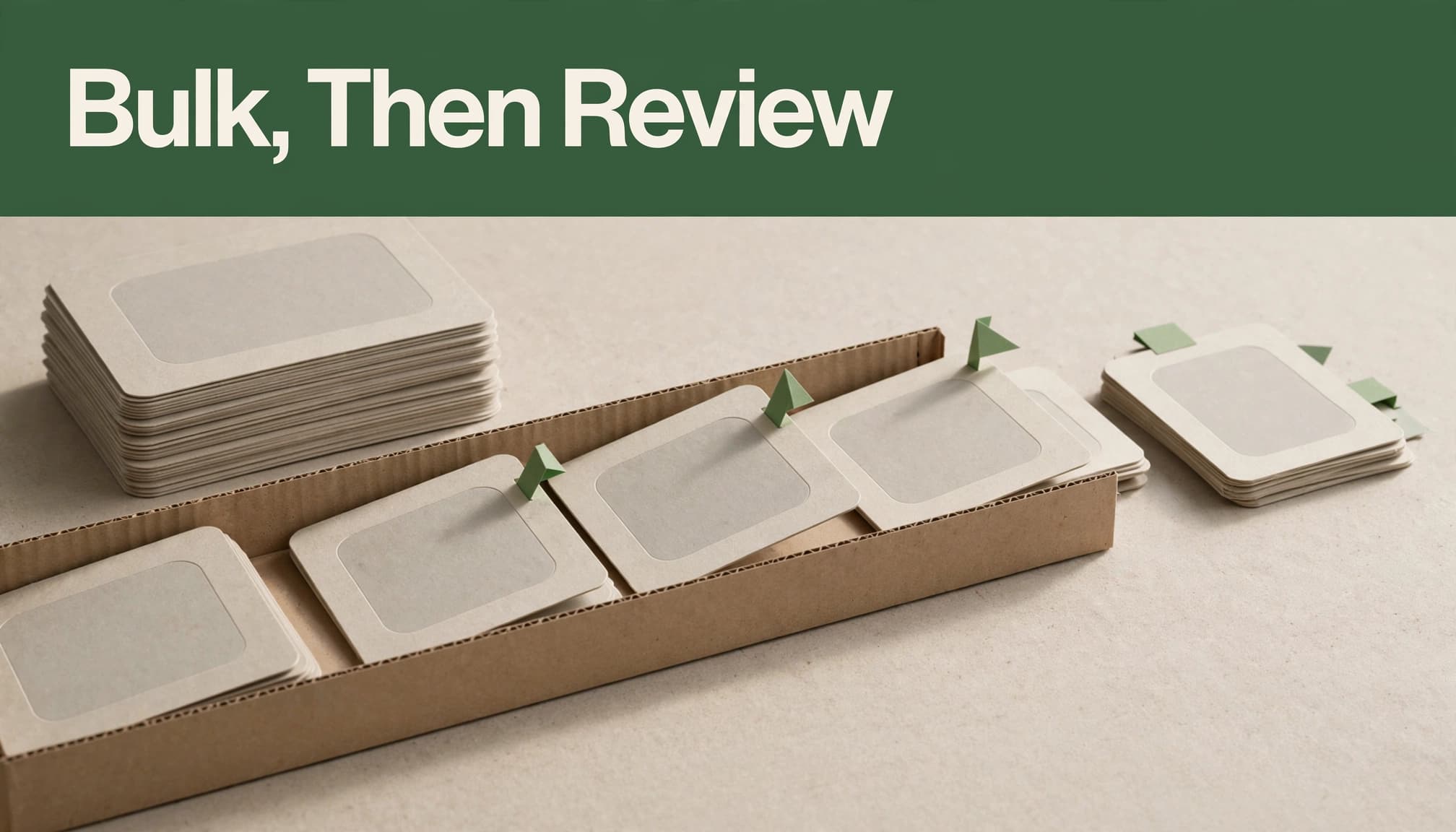 Product cards pass through a tray, with several flagged for review.