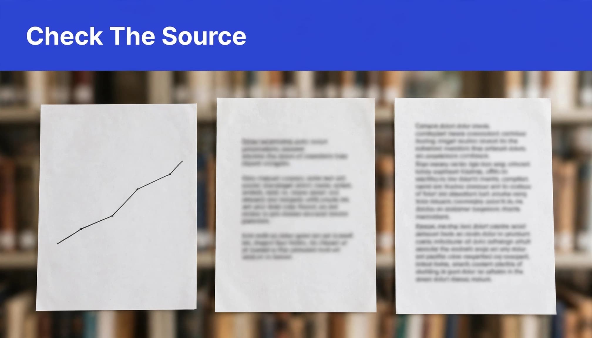 Three research pages show a chart, a blurred caption, and methods notes beneath an indigo headline strip.