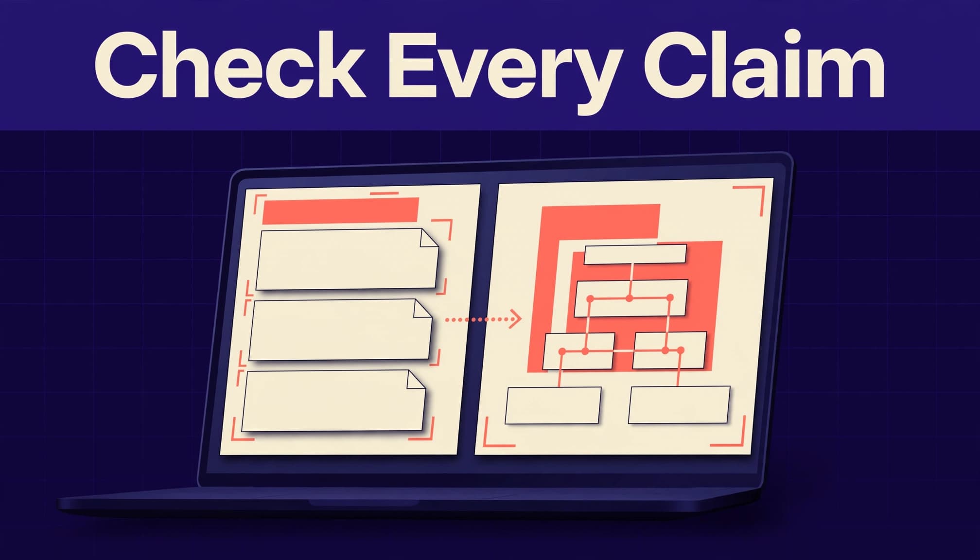 An angled screen shows cream document blocks and coral parsing marks beneath an indigo claim-checking banner.