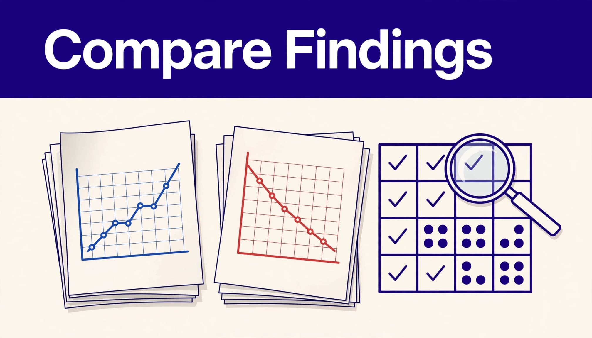 Two research papers show opposite data trends beside a magnifying glass and evidence matrix.