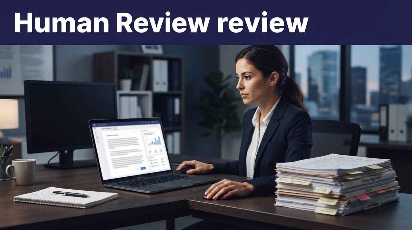 A compliance analyst reviews a blurred laptop document beside stacked contracts.