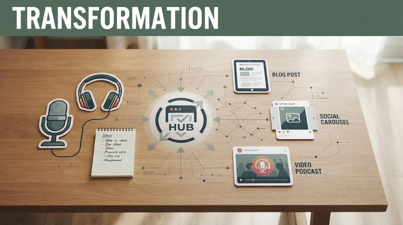 Digital content assets arranged on a wooden table beneath a green Transformation banner.