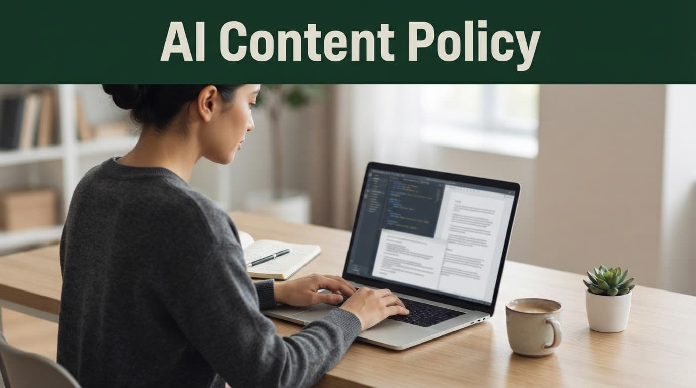 A person works at a laptop beneath an AI Content Policy banner.