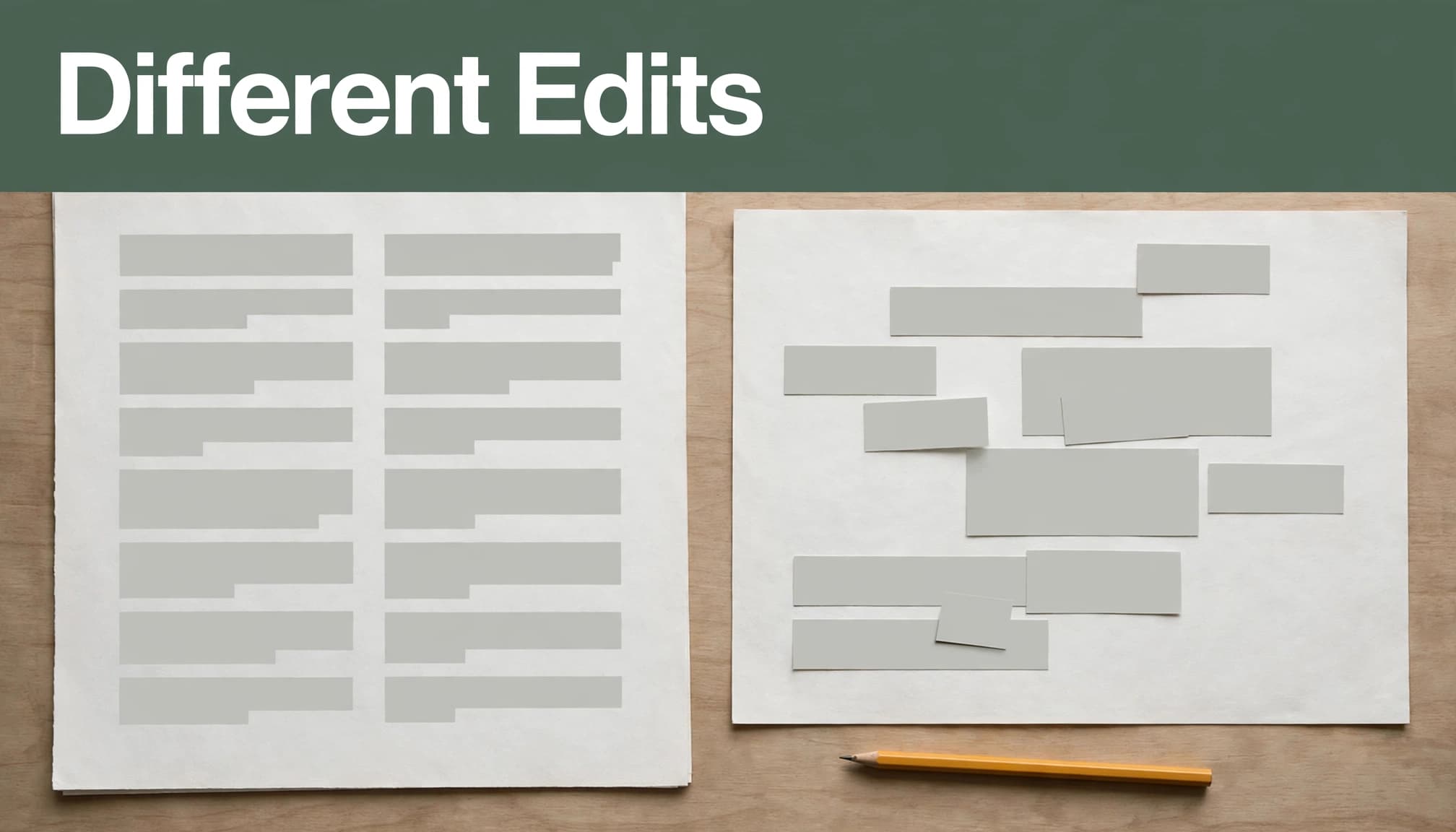 Two differently arranged paper drafts sit beside a pencil under a green headline band.
