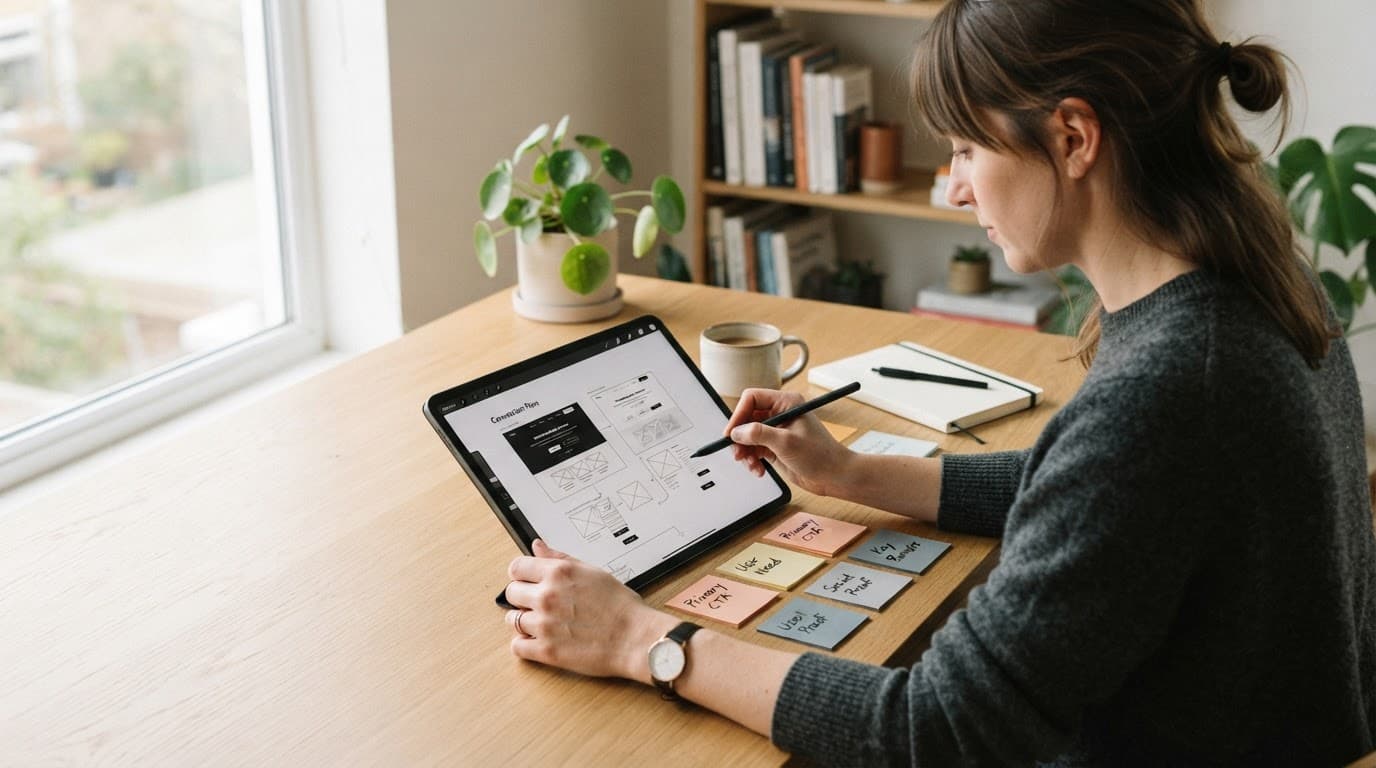 Person reviewing wireframes and sticky notes on a wooden desk beside a tablet.