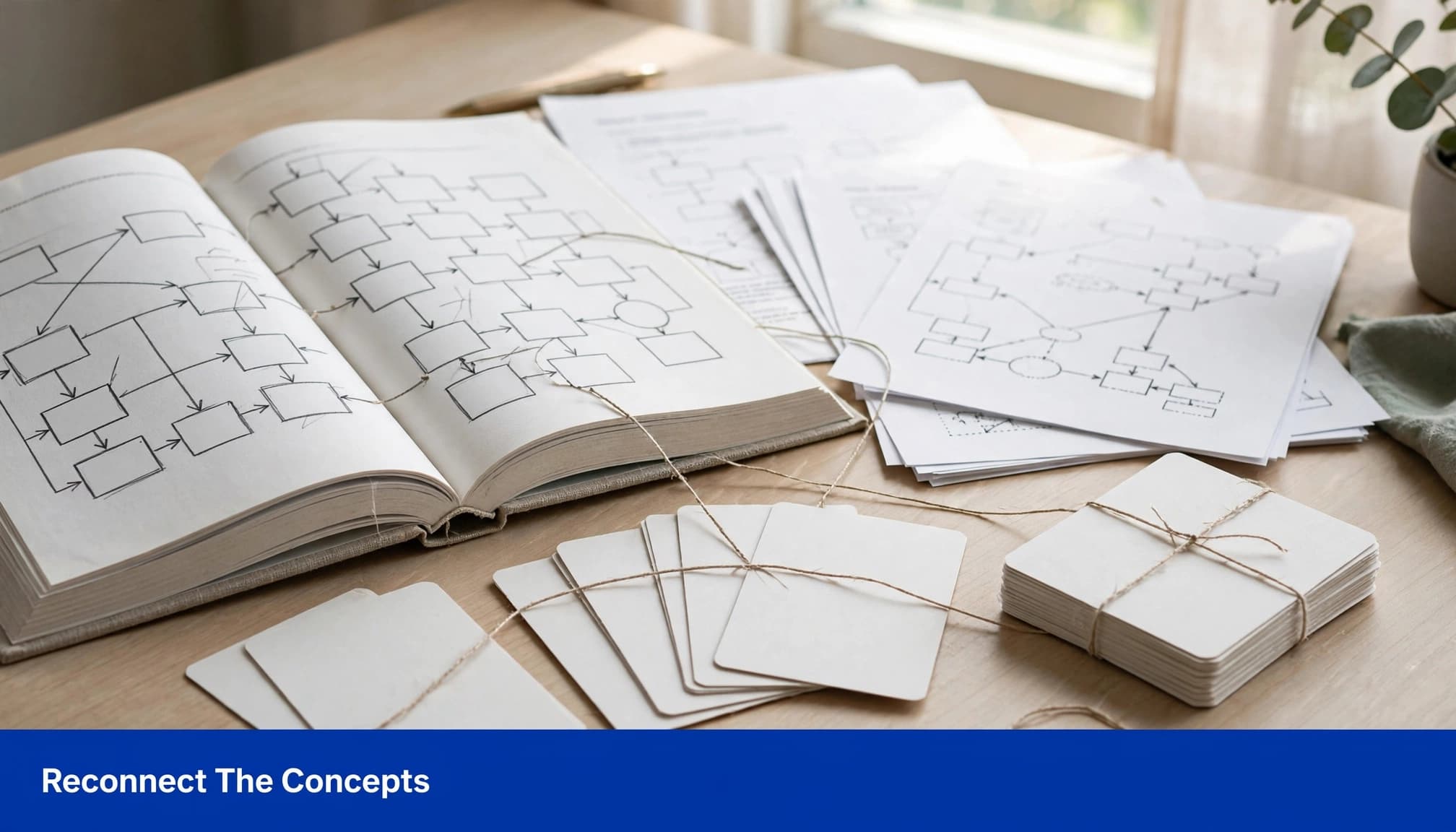 A textbook, handouts, and blank flashcards arranged on a bright study table.