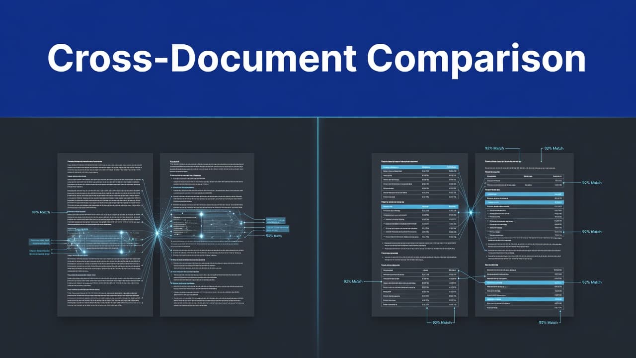 A split screen displaying two document layouts with a bold indigo header for data comparison.