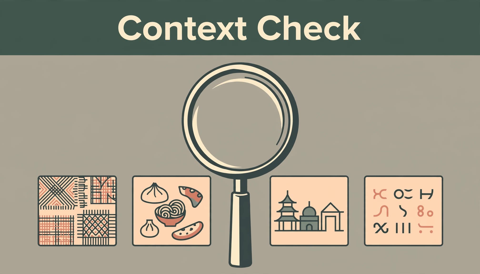 A magnifying glass examines cultural pattern, food, architecture, and language cards.