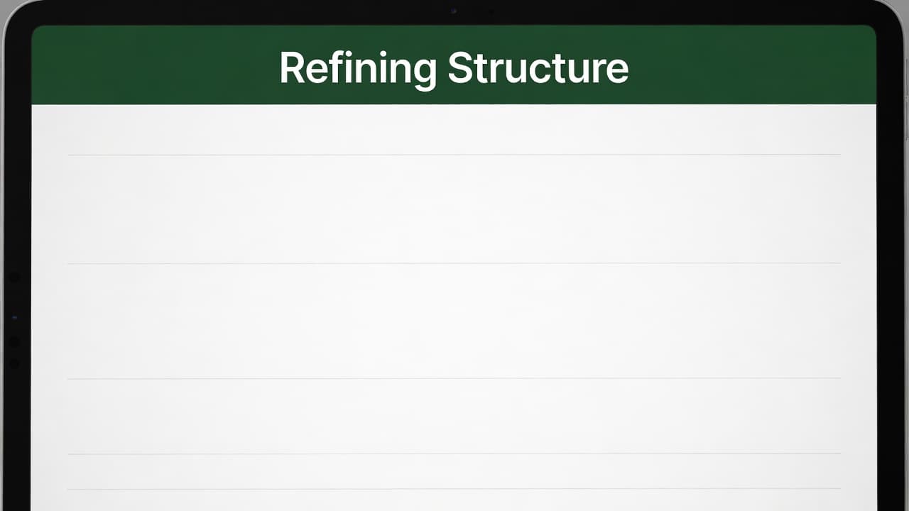A clean digital tablet screen displays a minimalist text editor interface. A bold dark-green band stretches across the top, featuring the white sans-serif text Refining Structure set in a geometric font.