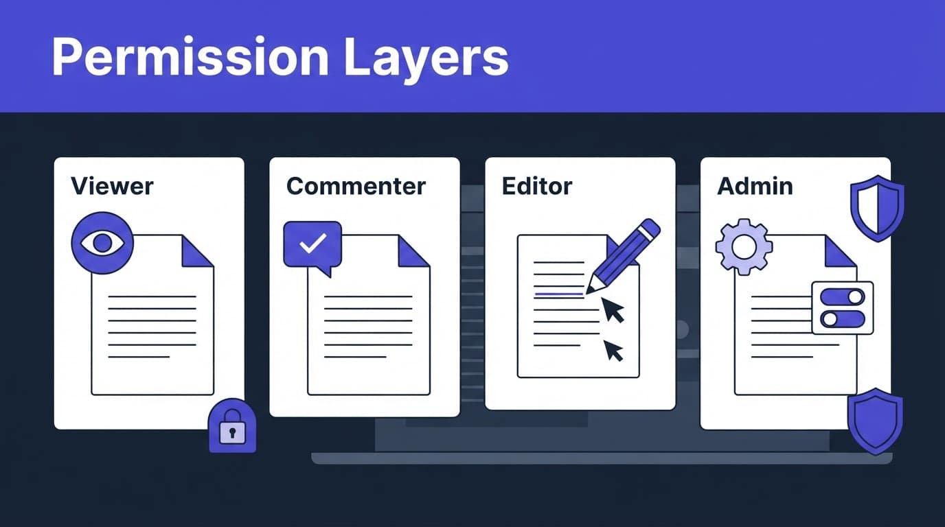 Four permission cards show Viewer, Commenter, Editor, and Admin roles with a shield and lock.