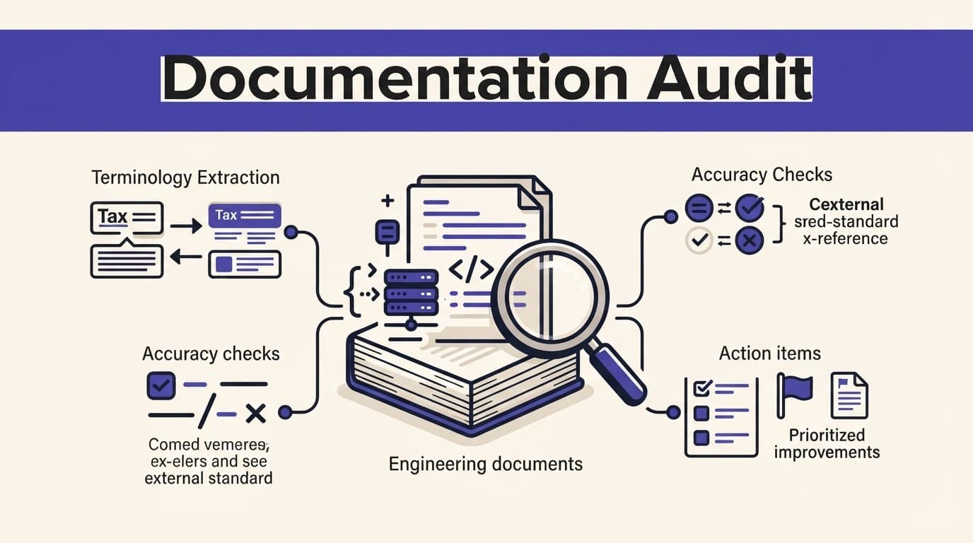 Engineering documents with a magnifying glass and connected workflow nodes beneath an indigo banner.