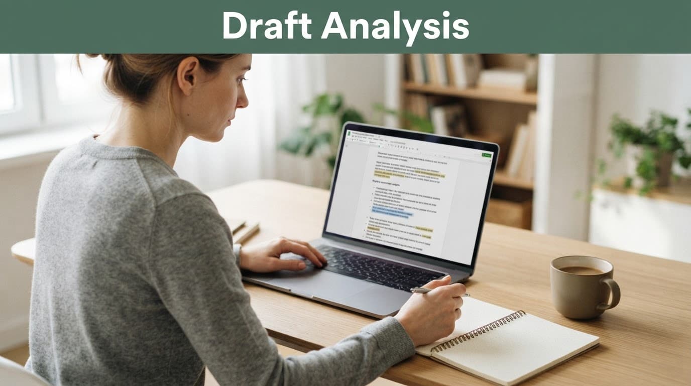 A person edits draft copy on a laptop beside a notebook and coffee cup.