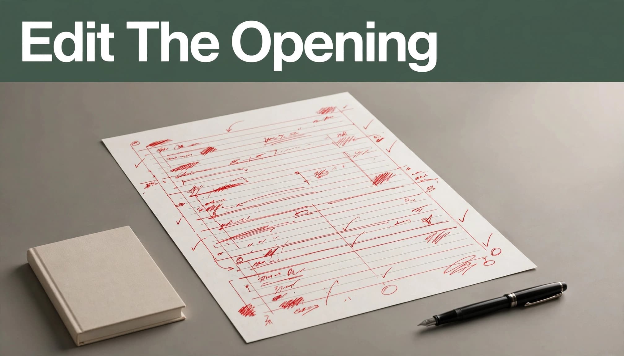 Marked manuscript with a black fountain pen and reference book under a green headline band.